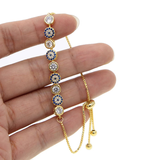 😊2024 New Mix 3 Color Gold Rose Silver Color 5mm Sparking AAA+ Cz Evil Eye Link Chain Girl Women Turkish Jewelry Pave Cz Bracelet🥳