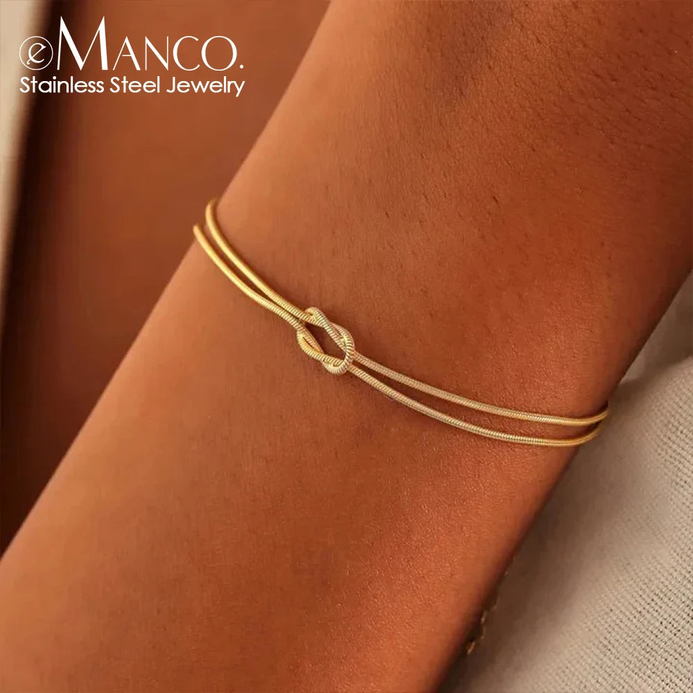 😊 Fashion High Quality Stainless Steel Gold Plated Couple Bracelets Classic Round Snake Chain Knotted Simple Accessories🥳