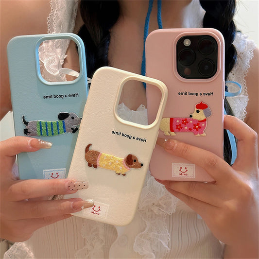 😊Cute Cartoon Dachshund Litchi Pattern Phone Case For iPhone 16 15 14 13 12 Pro Max 11 Korean Lovely Shockproof Soft Cover Funda🥳