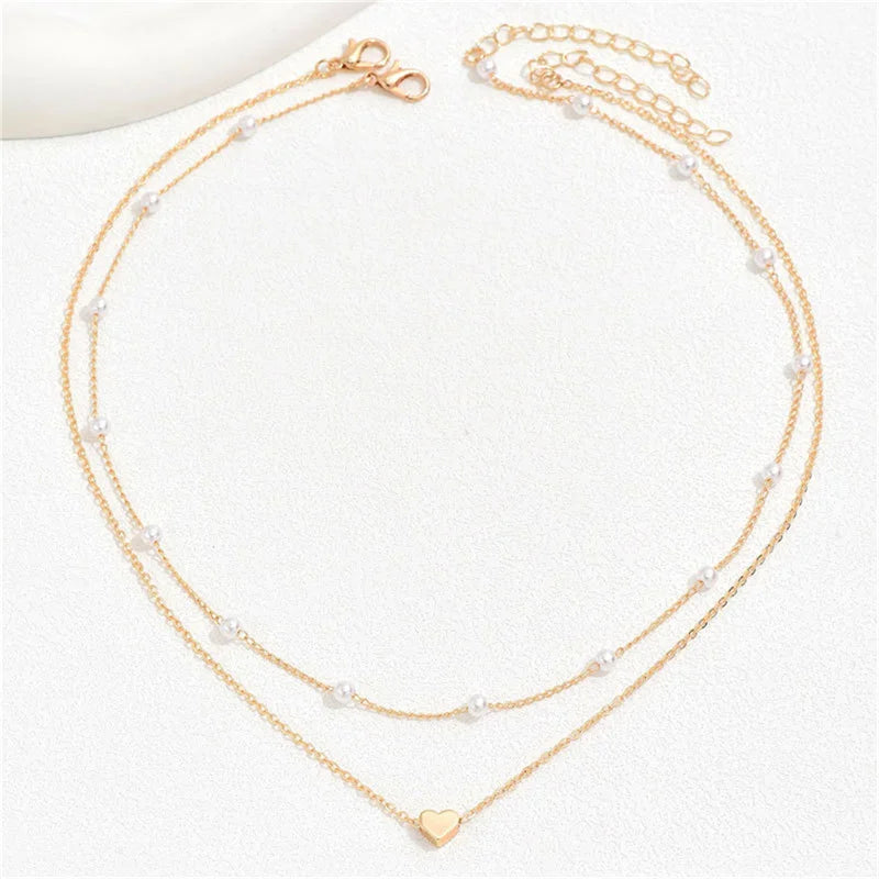 😊Simple Pearl Choker Necklaces for Women Fashion Double Layer Chain Small Love Heart Pendant Necklace Jewelry Gift 🥳