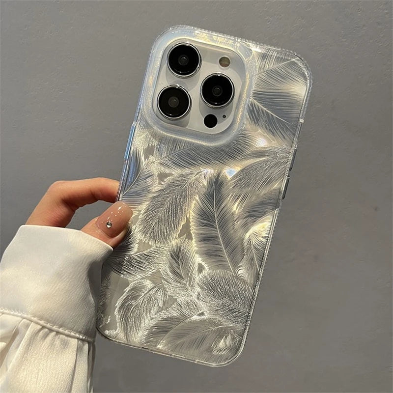 😊Fashion Laser Gradient Feather Pattern Phone Case For iPhone 11 15 14 13 12 Pro Max 15Pro 14Pro Shockproof Silicone Cover Funda🥳