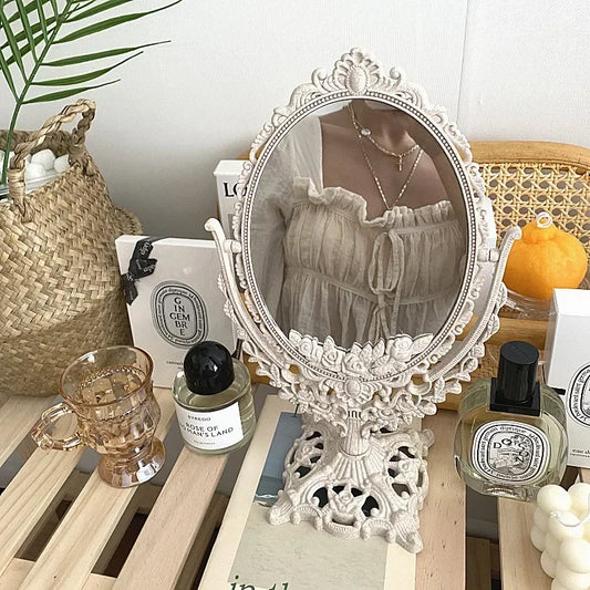 😊Vintage European Style Makeup Mirror Oval Shaped Cosmetic Mirror 360 Degree Rotating Swivel Desktop Vanity Mirror Home Decor🥳