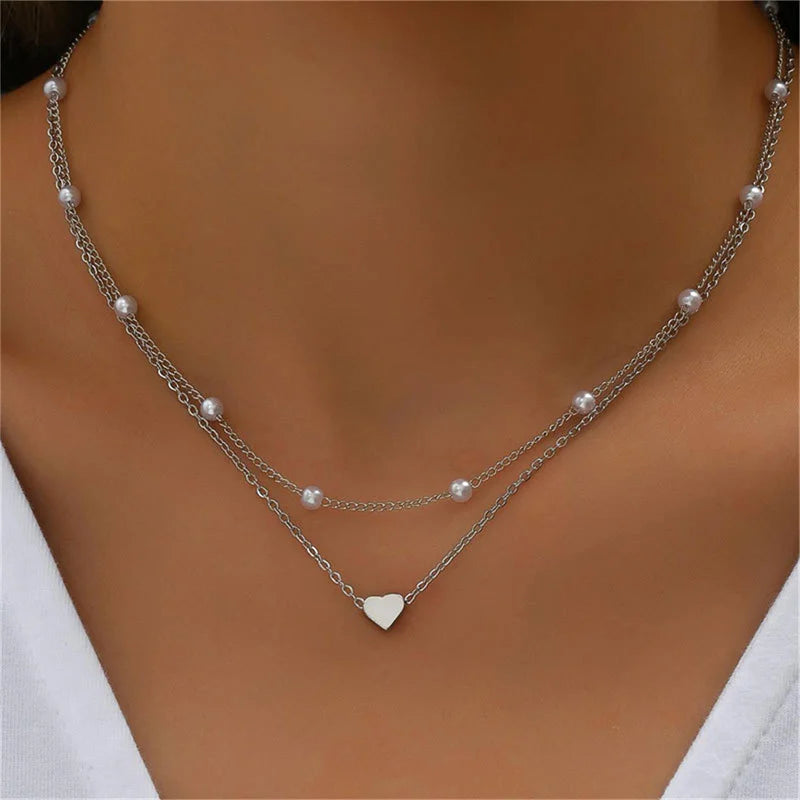 😊Simple Pearl Choker Necklaces for Women Fashion Double Layer Chain Small Love Heart Pendant Necklace Jewelry Gift 🥳