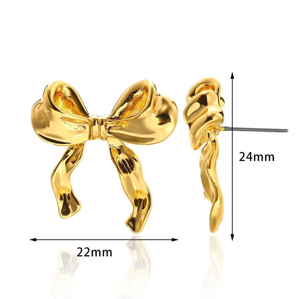 😊Gold Color Earrings For Women Bow Stud Nail Earring Fashion Cute Jewelry Piercing Ear Accessories Christmas Gift Aretes🥳