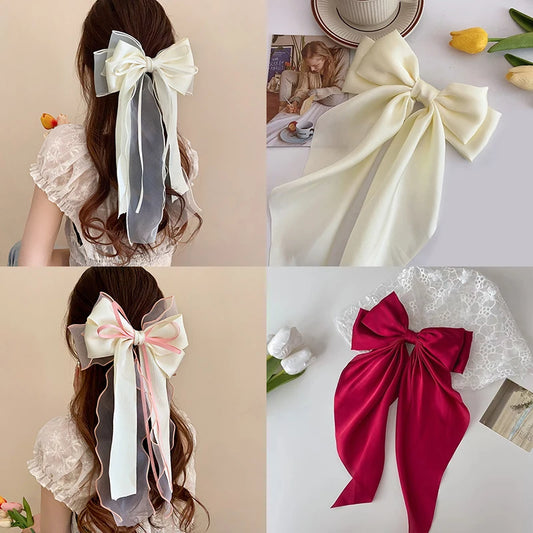 😊2 Pcs Fairycore Solid Color Ribbon Bowknot Long  Hair Clips for Women Simple Sweet Elegant Girls Fashion Head Accessories Sets🥳