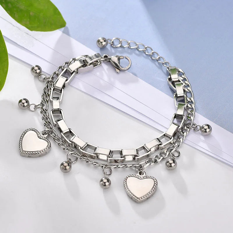 😊316L Stainless Steel Multilayer Love Heart Bracelet For Women High Quality Gold Color Rustproof Girls Wrist Jewelry Gift🥳