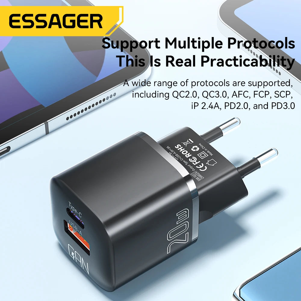 😊Essager 20W GaN USB Type C Charger PD Fast Charge Phone QC 3.0 Quick Chargers For iPhone 14 13 12 11 Pro Max Mini iPad Charging🥳