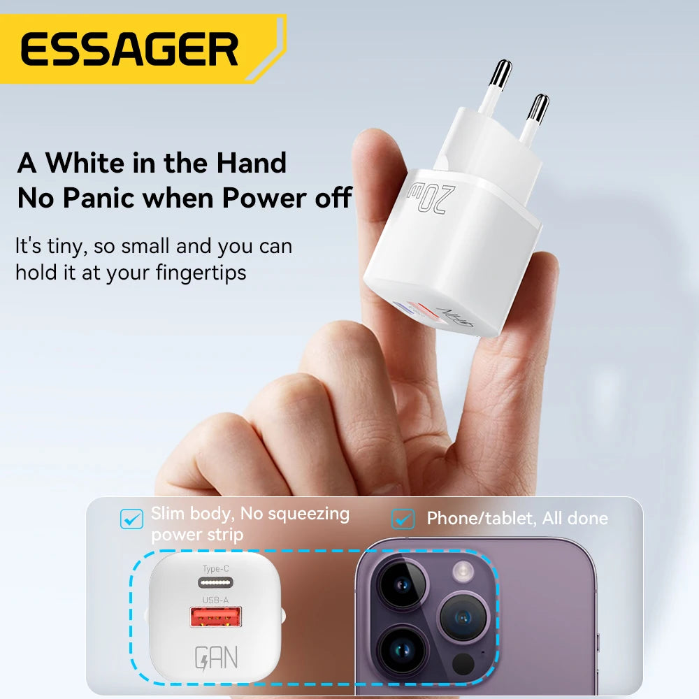 😊Essager 20W GaN USB Type C Charger PD Fast Charge Phone QC 3.0 Quick Chargers For iPhone 14 13 12 11 Pro Max Mini iPad Charging🥳