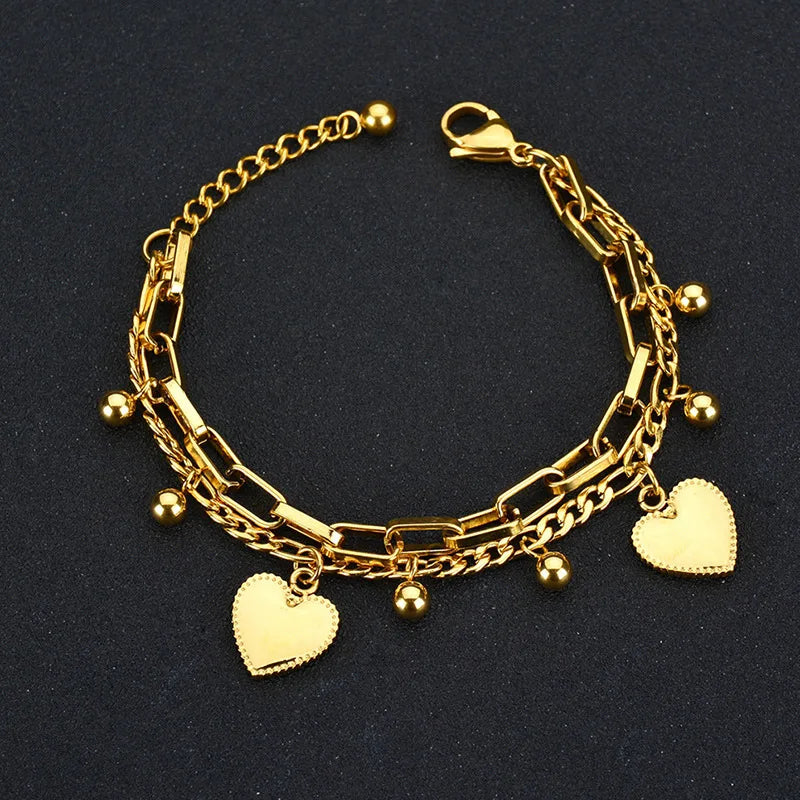 😊316L Stainless Steel Multilayer Love Heart Bracelet For Women High Quality Gold Color Rustproof Girls Wrist Jewelry Gift🥳