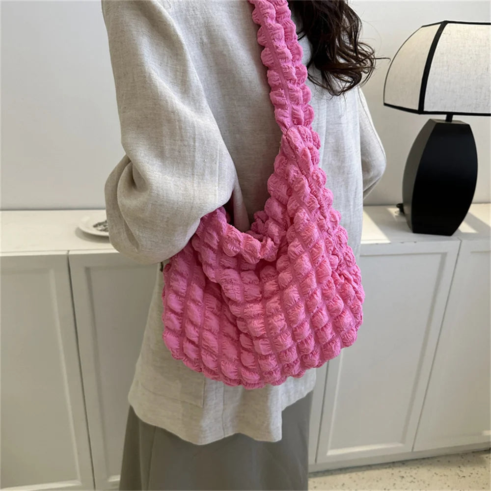 😊Crossbody Bag With Pleated Design Embroidered Plaid Shoulder Bag Underarm Bags Simple Large Capacity Quilted Tote Bags For Women🥳