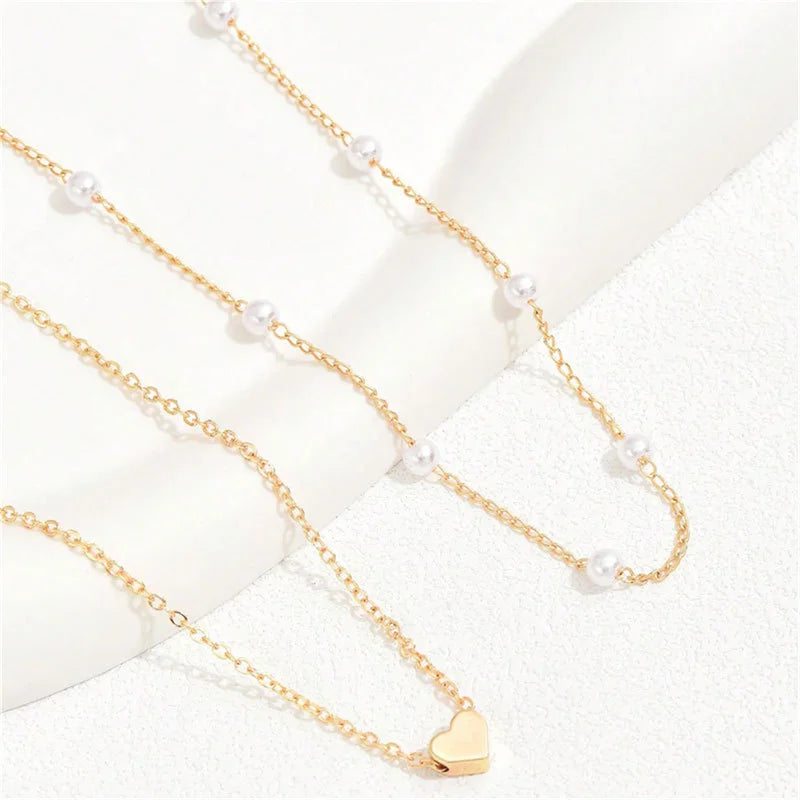 😊Simple Pearl Choker Necklaces for Women Fashion Double Layer Chain Small Love Heart Pendant Necklace Jewelry Gift 🥳