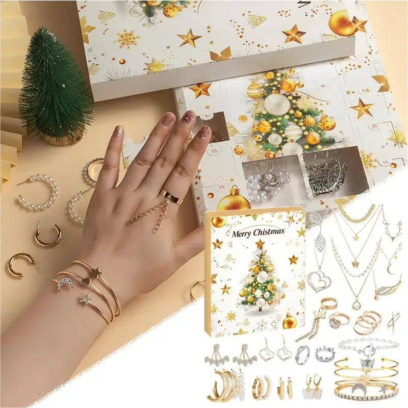 😊24 Days Advent Calendar Christmas Jewelry Necklace Brackets Earring Rings Set for Girls Navidad Countdown Gift Box Xmas Present🥳