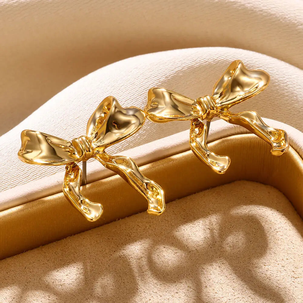 😊Gold Color Earrings For Women Bow Stud Nail Earring Fashion Cute Jewelry Piercing Ear Accessories Christmas Gift Aretes🥳