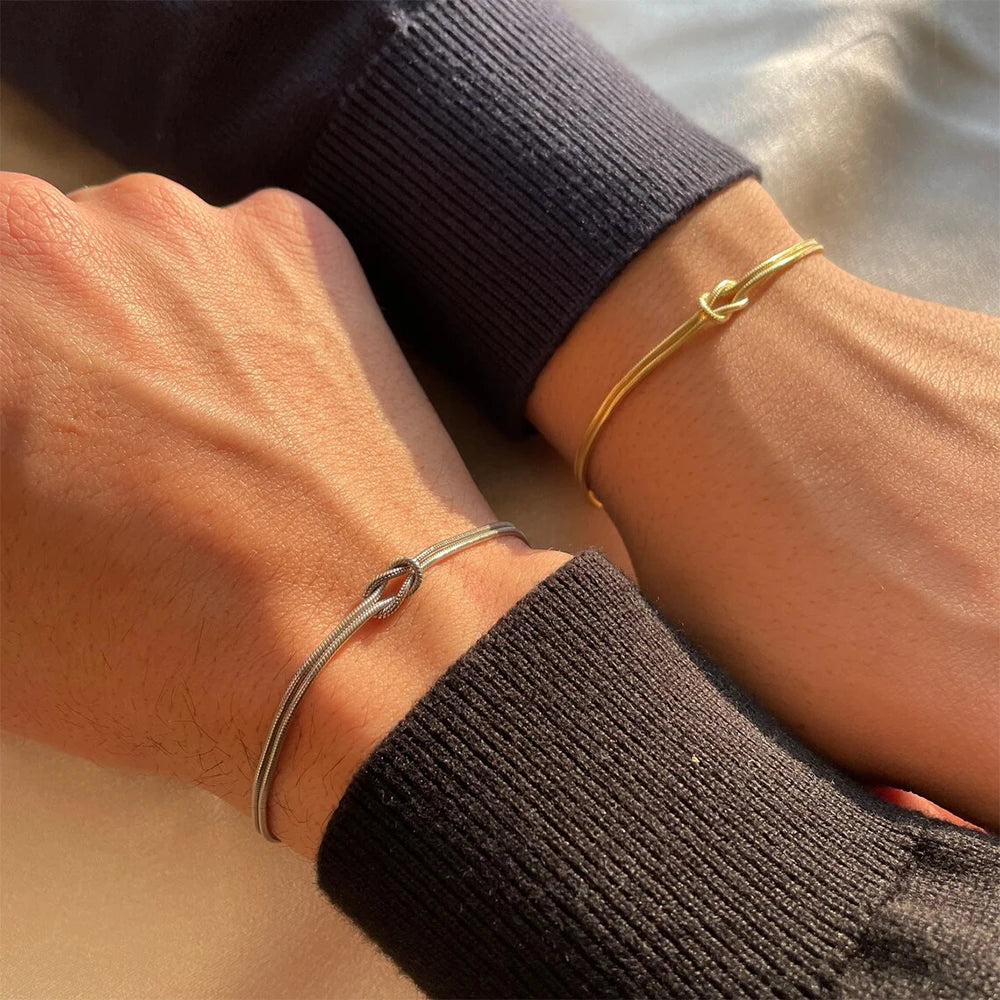 😊 Fashion High Quality Stainless Steel Gold Plated Couple Bracelets Classic Round Snake Chain Knotted Simple Accessories🥳