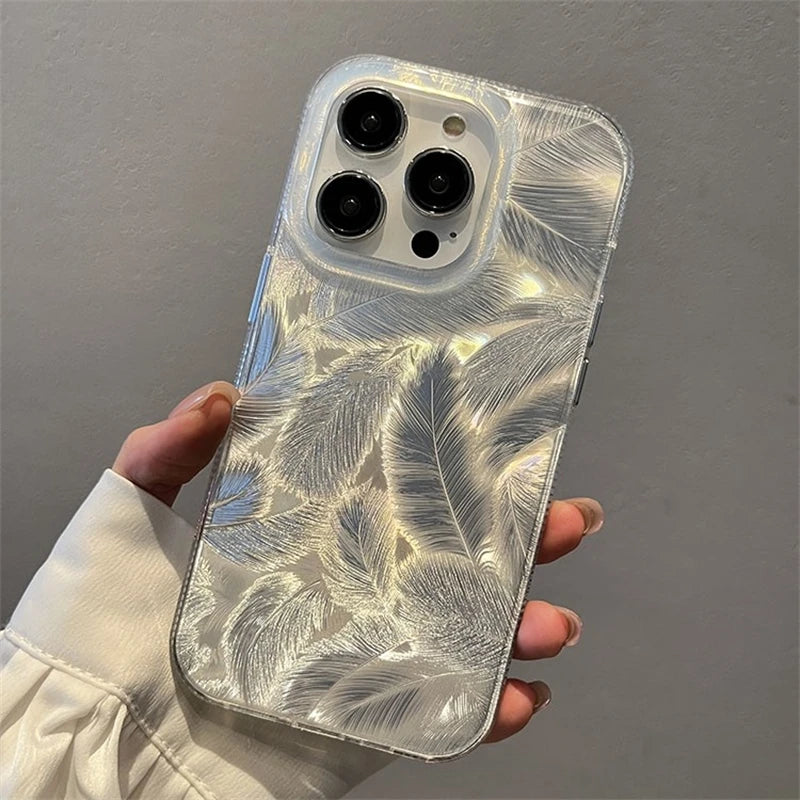 😊Fashion Laser Gradient Feather Pattern Phone Case For iPhone 11 15 14 13 12 Pro Max 15Pro 14Pro Shockproof Silicone Cover Funda🥳