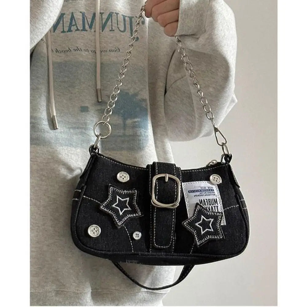 😊Fashion Women's Handbags Denim Stars Pattern Cool Girls Y2K  Underarm Bag Canvas Female Small Shoulder Bags Chain Tote Bag🥳