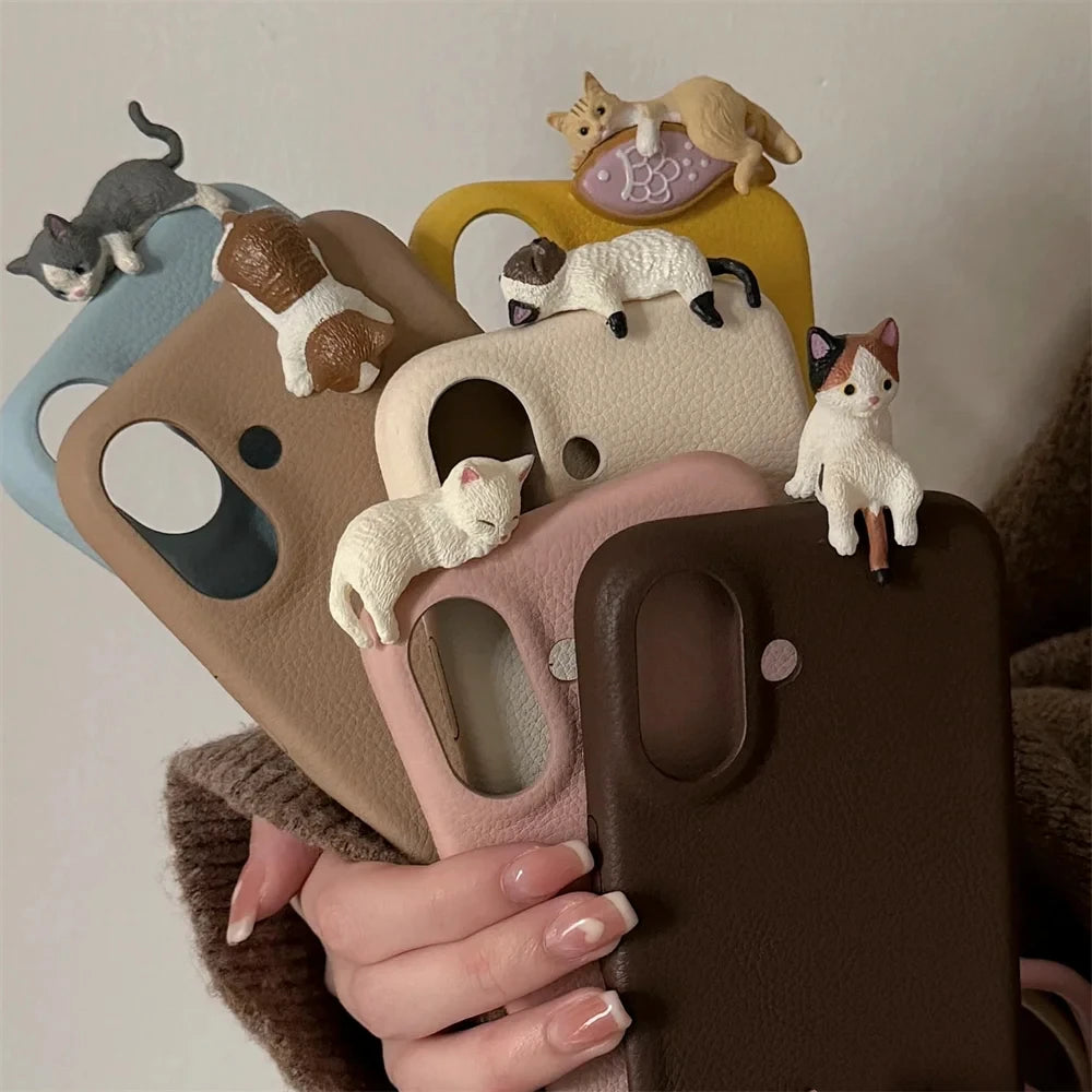 😊Cute 3D Cartoon Lying Cat Fish Lychee Pattern Leather Phone Case For iPhone 16 Pro 15 13 12 11 Pro Max 14 Plus Lovely Soft Cover🥳