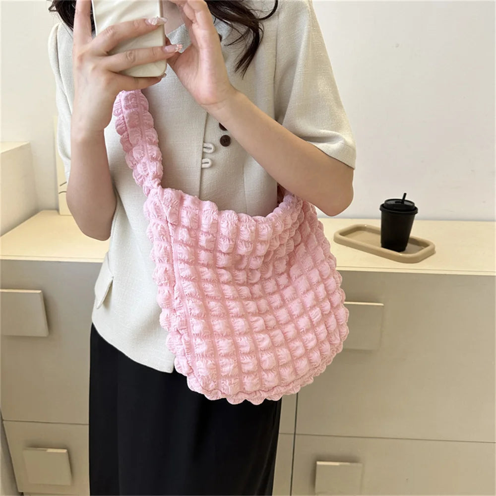 😊Crossbody Bag With Pleated Design Embroidered Plaid Shoulder Bag Underarm Bags Simple Large Capacity Quilted Tote Bags For Women🥳