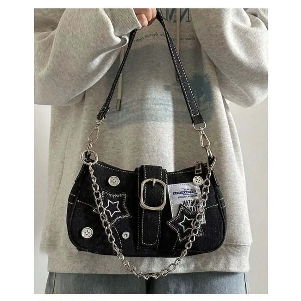 😊Fashion Women's Handbags Denim Stars Pattern Cool Girls Y2K  Underarm Bag Canvas Female Small Shoulder Bags Chain Tote Bag🥳