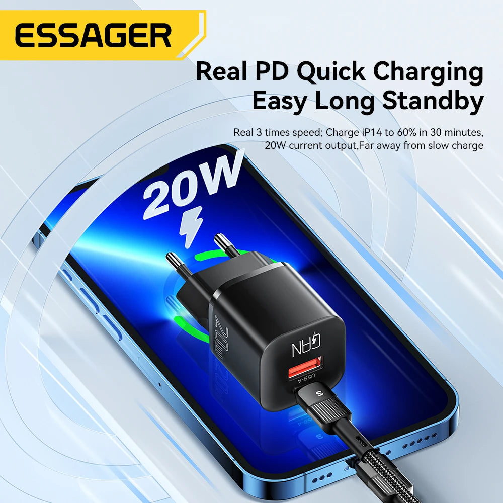 😊Essager 20W GaN USB Type C Charger PD Fast Charge Phone QC 3.0 Quick Chargers For iPhone 14 13 12 11 Pro Max Mini iPad Charging🥳