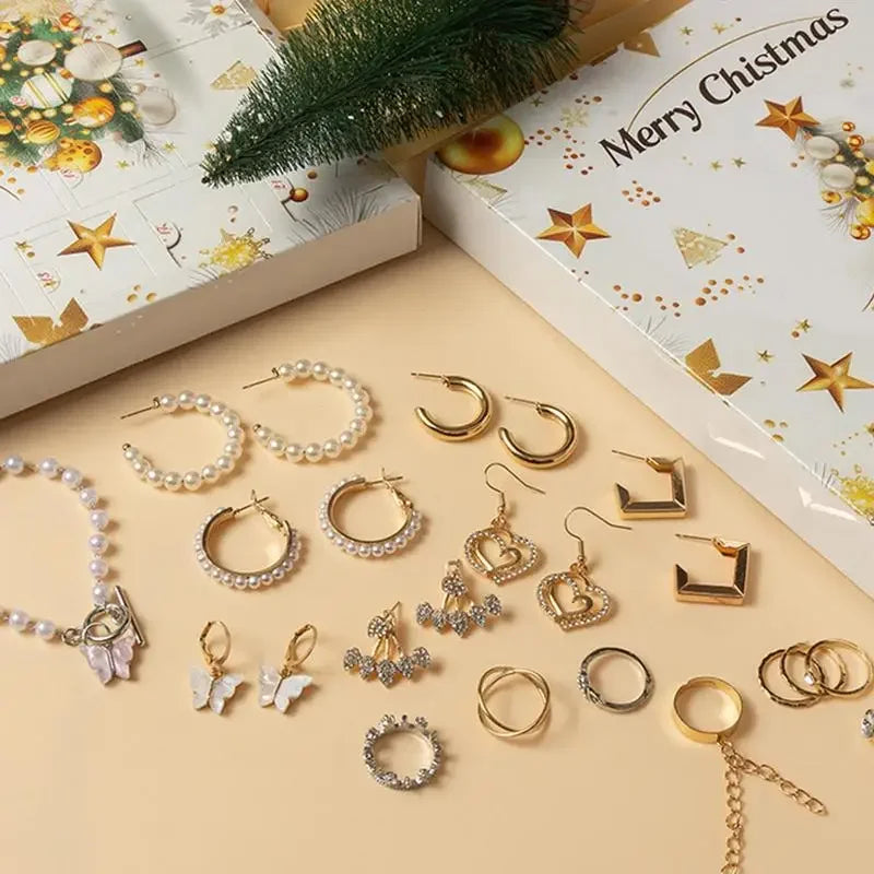 😊24 Days Advent Calendar Christmas Jewelry Necklace Brackets Earring Rings Set for Girls Navidad Countdown Gift Box Xmas Present🥳